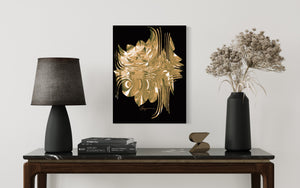 a table with a lamp and a painting on it
