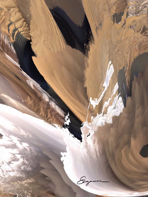 an abstract painting of clouds and mountains
