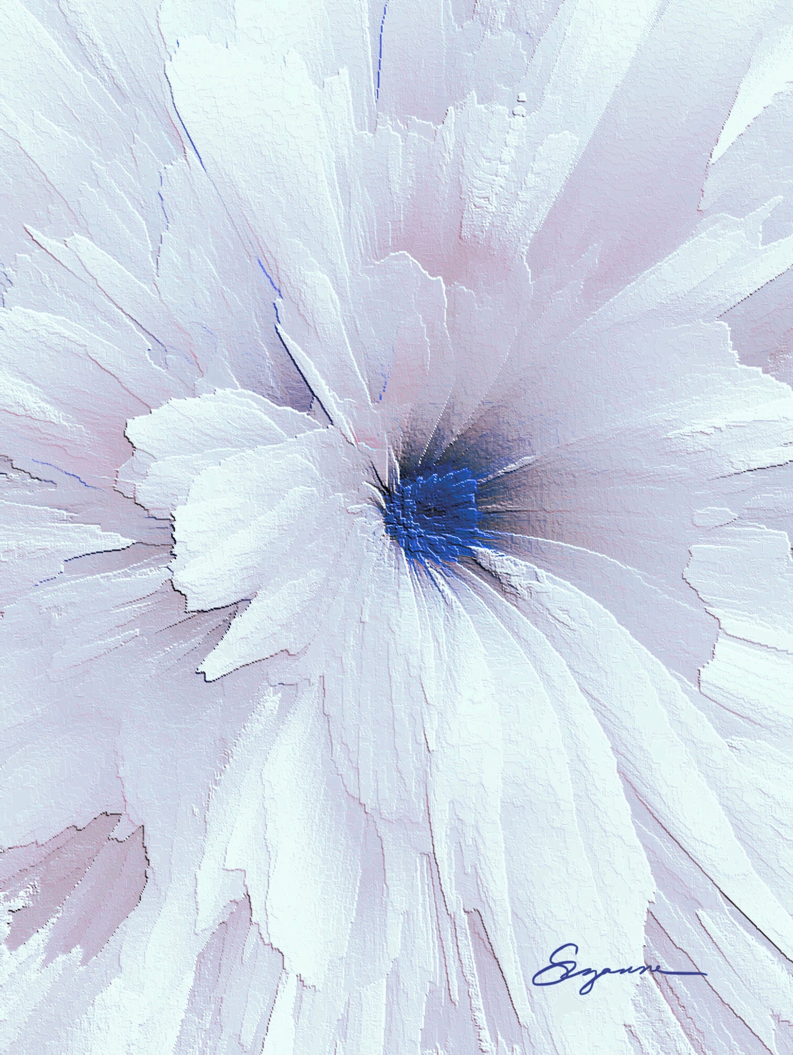 a close up of a white flower with a blue center