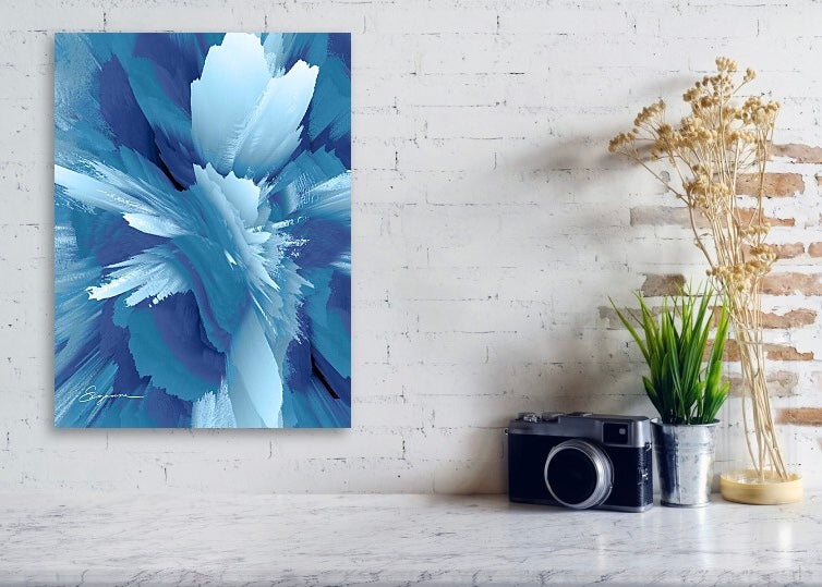 a blue and white flower with a white center