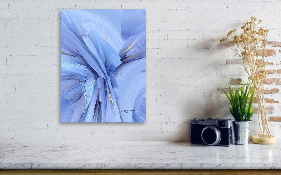 a painting of blue and white feathers on a blue background