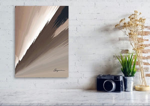 a painting on a wall next to a plant and a camera