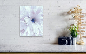 a white flower on a white brick wall