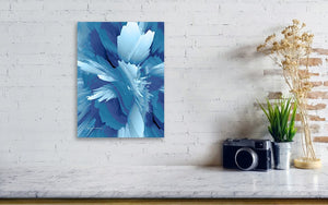 a painting of a blue flower on a white brick wall